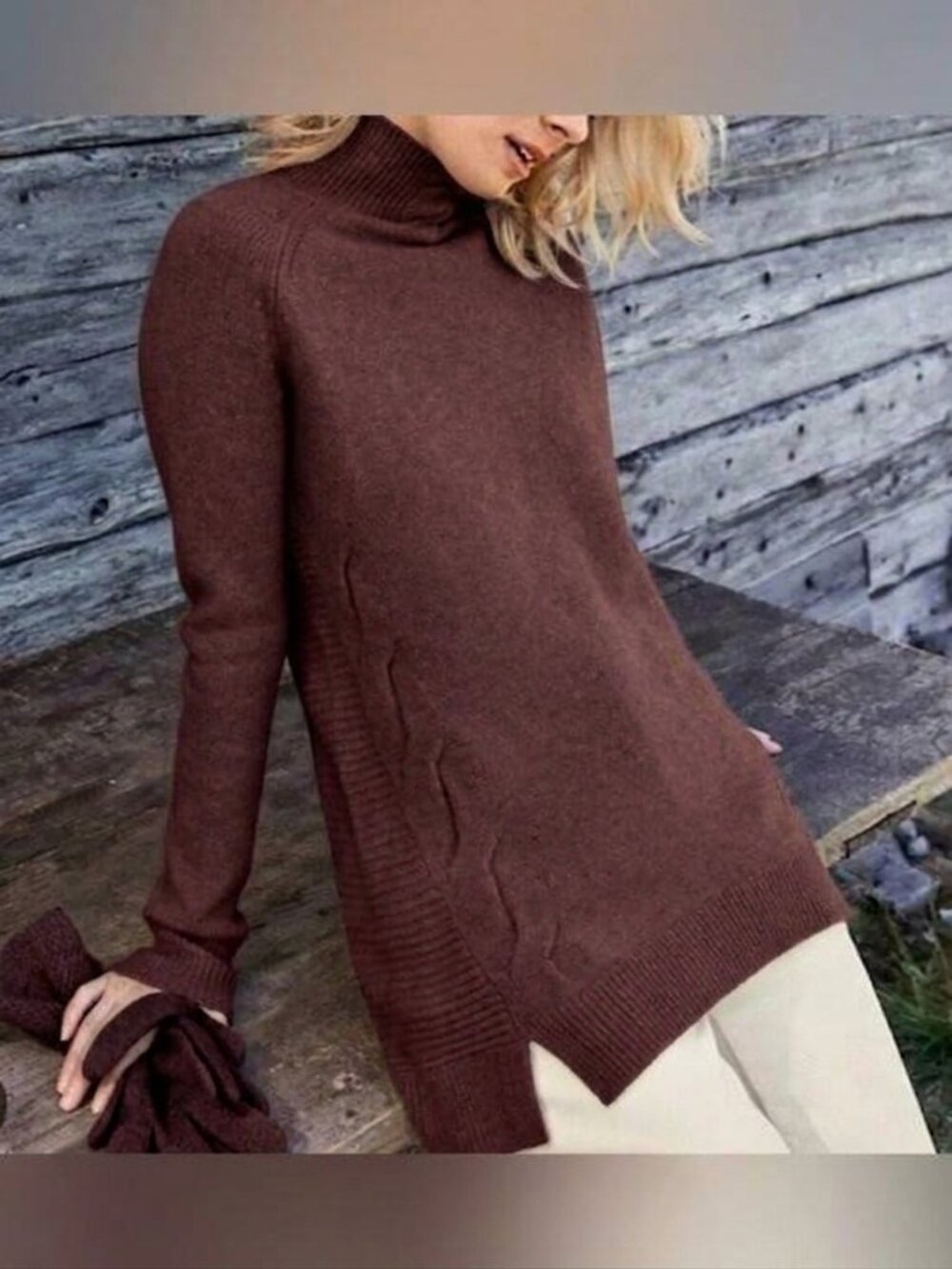 Garnet Hill Brown Cable-Detail 100% Cashmere Tunic Sweater Size S